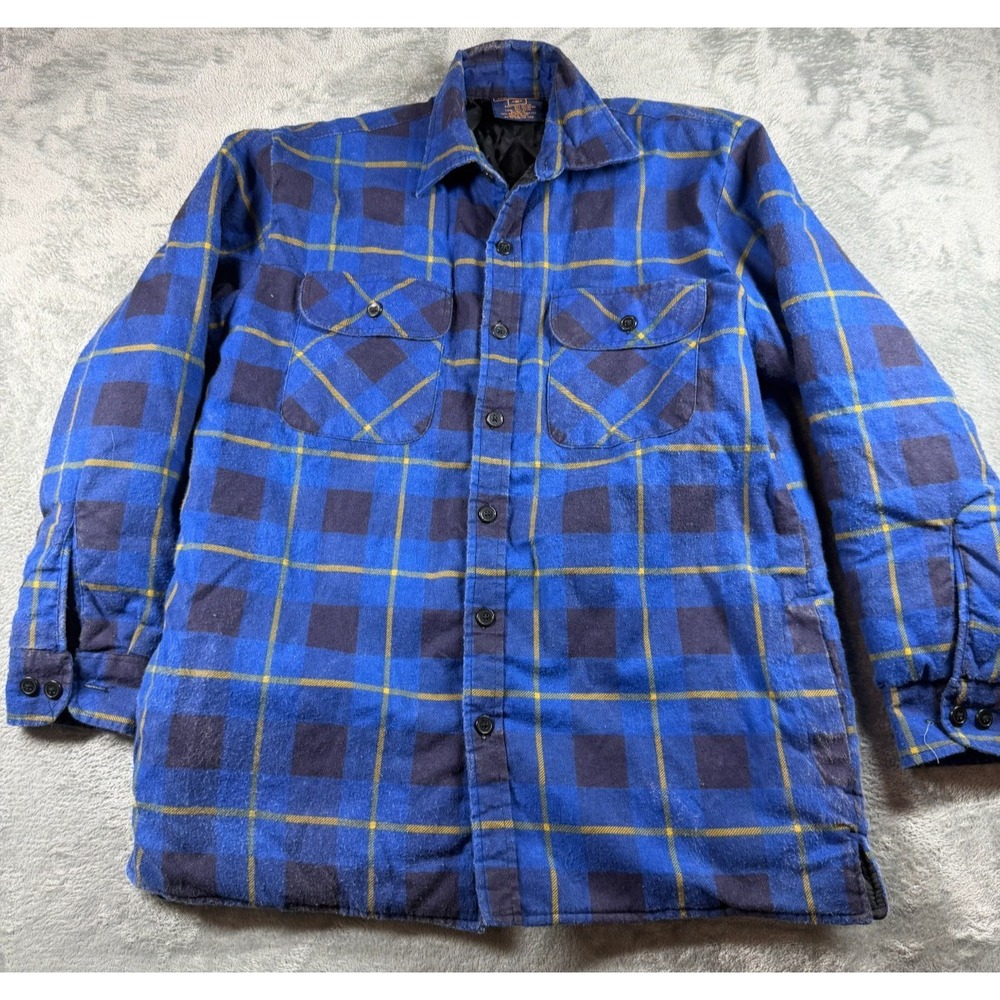 Vintage Woodland‎ Mens M Blue Plaid Flannel Shirt Jacket Quilted Lined Insulated